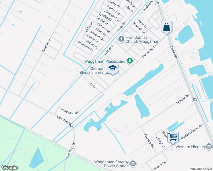 map of restaurants, bars, coffee shops, grocery stores, and more near 120 Morning Glory Lane in Westwego