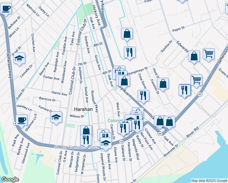 map of restaurants, bars, coffee shops, grocery stores, and more near 444 Oak Avenue in Harahan