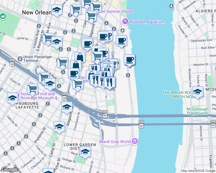 map of restaurants, bars, coffee shops, grocery stores, and more near 901 South Peters Street in New Orleans