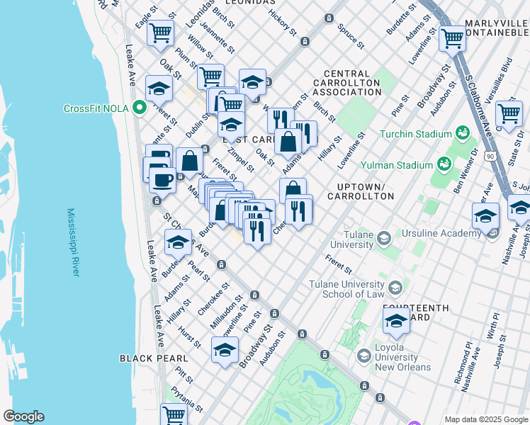 map of restaurants, bars, coffee shops, grocery stores, and more near 7604 Freret Street in New Orleans