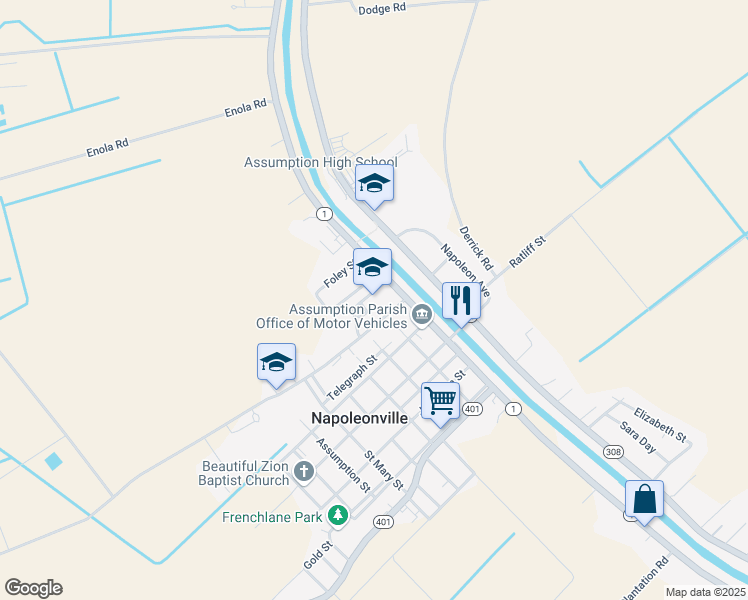 map of restaurants, bars, coffee shops, grocery stores, and more near 4847 Louisiana 1 in Napoleonville