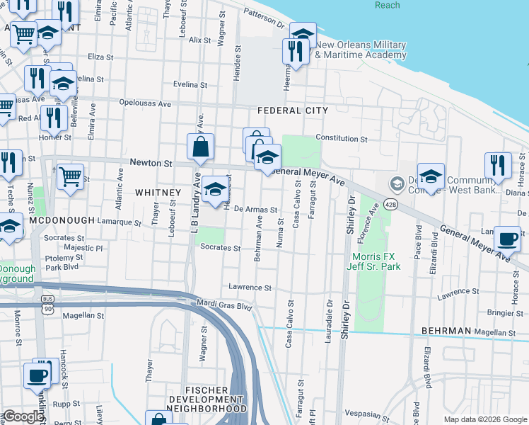 map of restaurants, bars, coffee shops, grocery stores, and more near 1135 Numa Street in New Orleans