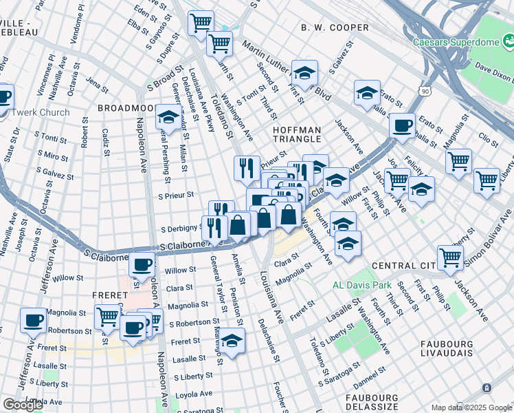 map of restaurants, bars, coffee shops, grocery stores, and more near 2990 Toledano Street in New Orleans
