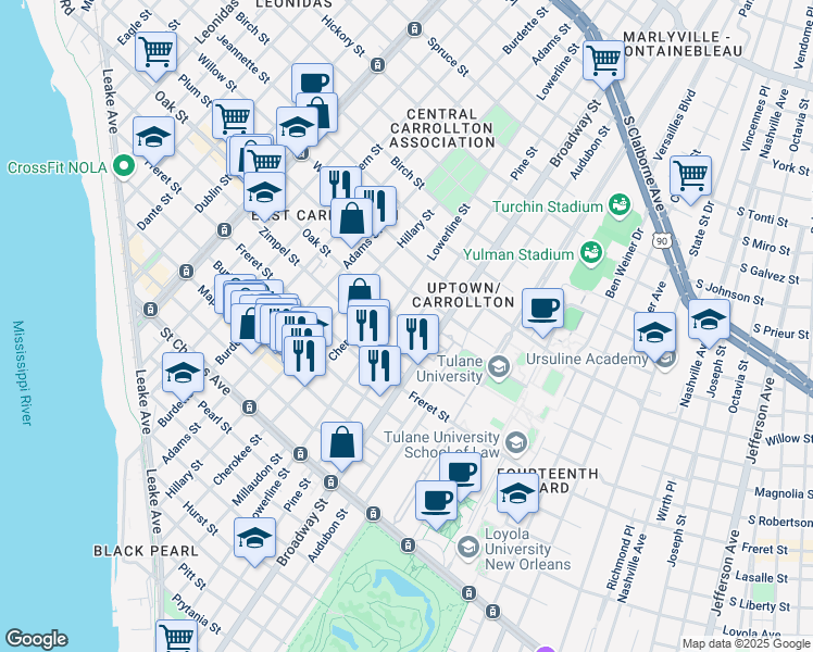 map of restaurants, bars, coffee shops, grocery stores, and more near 7306 Oak Street in New Orleans