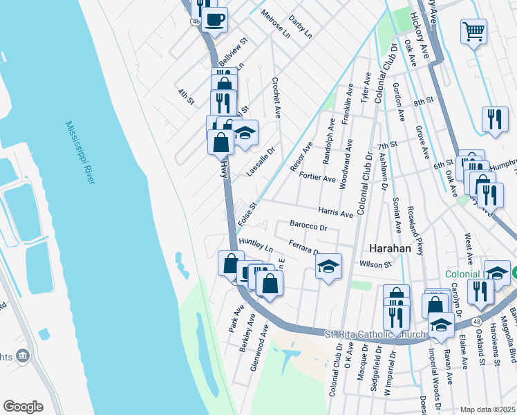 map of restaurants, bars, coffee shops, grocery stores, and more near 418 Folse Street in Harahan