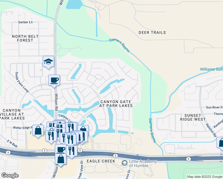 map of restaurants, bars, coffee shops, grocery stores, and more near 9835 Brilliant Lake Drive in Humble