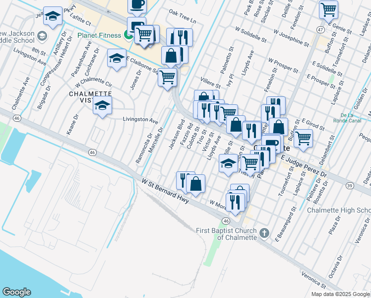 map of restaurants, bars, coffee shops, grocery stores, and more near 2320 Fazzio Road in Chalmette