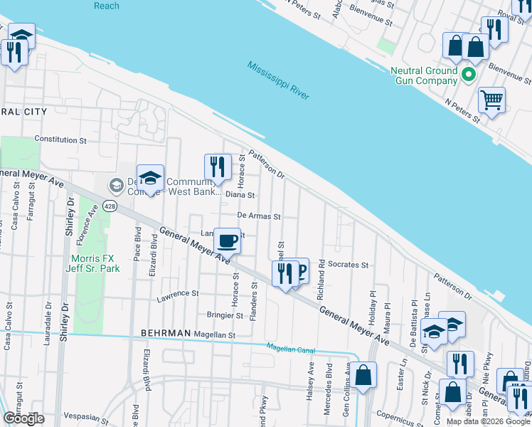 map of restaurants, bars, coffee shops, grocery stores, and more near 1131 Terry Street in New Orleans