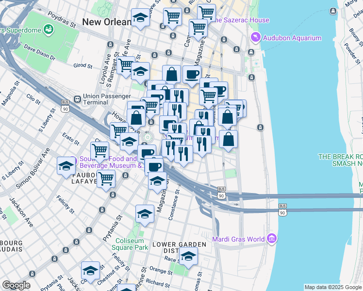 map of restaurants, bars, coffee shops, grocery stores, and more near 923 Constance Street in New Orleans