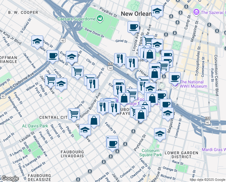 map of restaurants, bars, coffee shops, grocery stores, and more near 1309 South Rampart Street in New Orleans