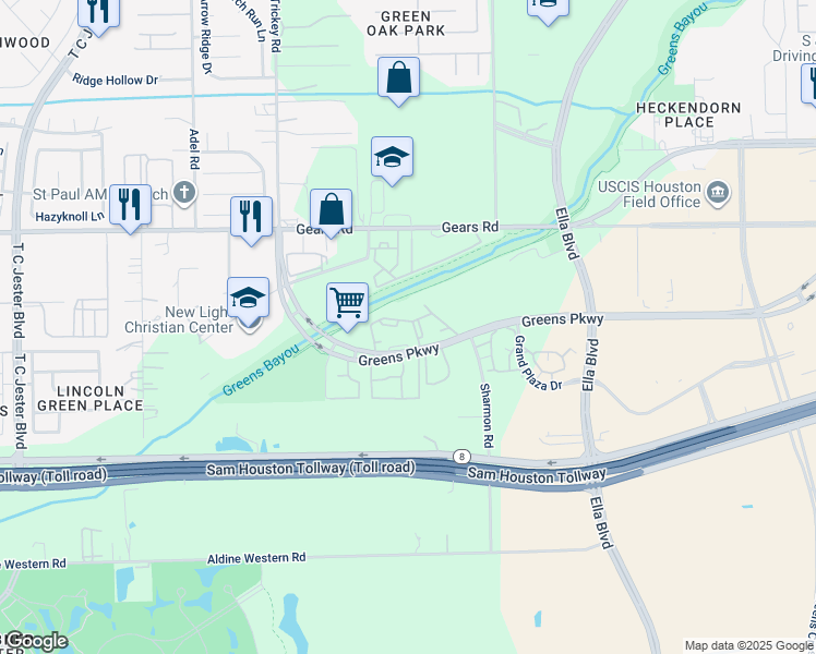 map of restaurants, bars, coffee shops, grocery stores, and more near 1350 Greens Parkway in Houston