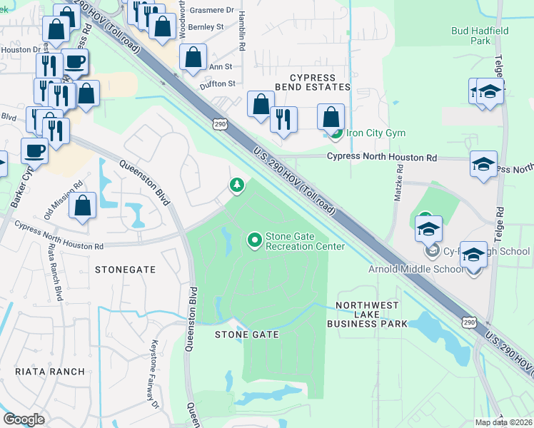 map of restaurants, bars, coffee shops, grocery stores, and more near 11510-11514 Havard Oaks Drive in Houston