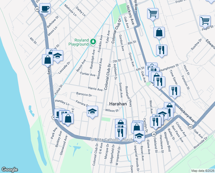 map of restaurants, bars, coffee shops, grocery stores, and more near 530 Ashlawn Drive in Harahan
