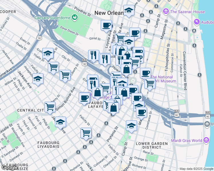 map of restaurants, bars, coffee shops, grocery stores, and more near 1819 Clio Street in New Orleans