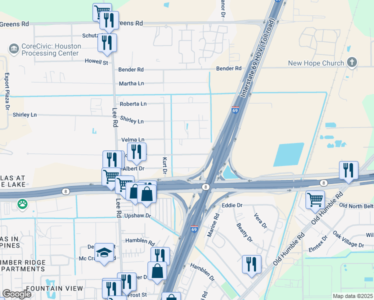 map of restaurants, bars, coffee shops, grocery stores, and more near 6035 Edward Drive in Humble