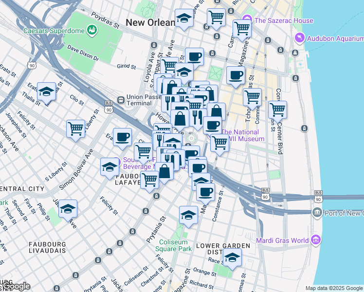 map of restaurants, bars, coffee shops, grocery stores, and more near in New Orleans