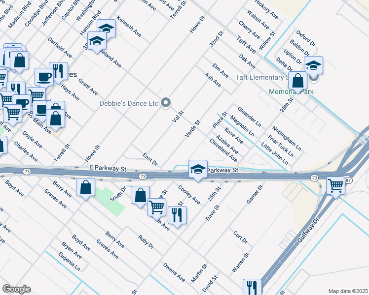 map of restaurants, bars, coffee shops, grocery stores, and more near 6431 Plaza Street in Groves