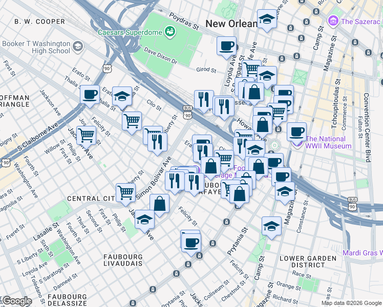 map of restaurants, bars, coffee shops, grocery stores, and more near 1309 South Rampart Street in New Orleans