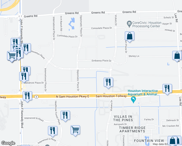 map of restaurants, bars, coffee shops, grocery stores, and more near 4760 World Houston Parkway in Houston