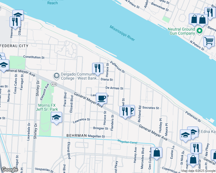 map of restaurants, bars, coffee shops, grocery stores, and more near 1122 Horace Street in New Orleans
