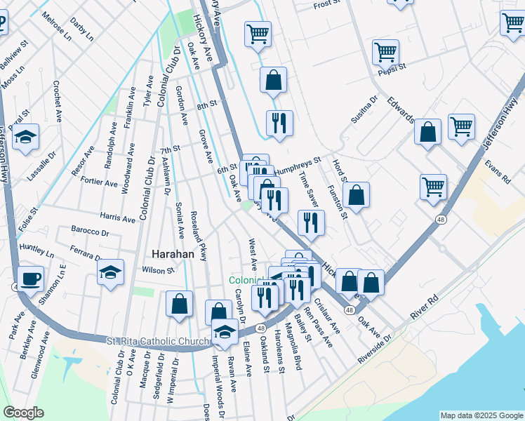 map of restaurants, bars, coffee shops, grocery stores, and more near 470 Hickory Avenue in Harahan