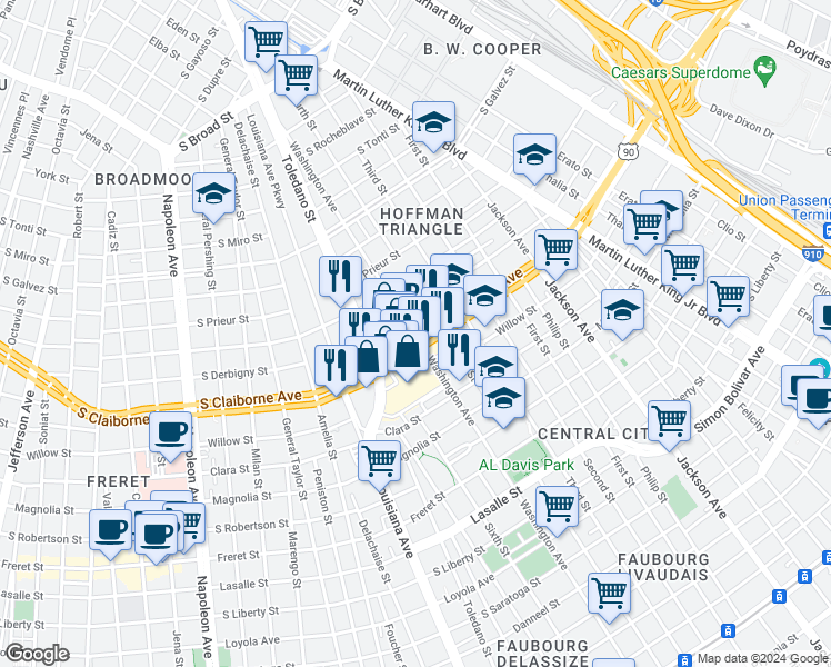 map of restaurants, bars, coffee shops, grocery stores, and more near Washington Avenue in New Orleans