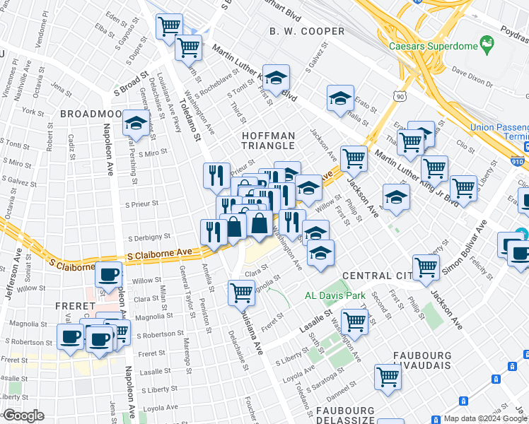 map of restaurants, bars, coffee shops, grocery stores, and more near 2727 South Claiborne Avenue in New Orleans