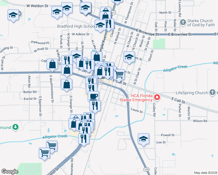 map of restaurants, bars, coffee shops, grocery stores, and more near 213 South Cherry Street in Starke