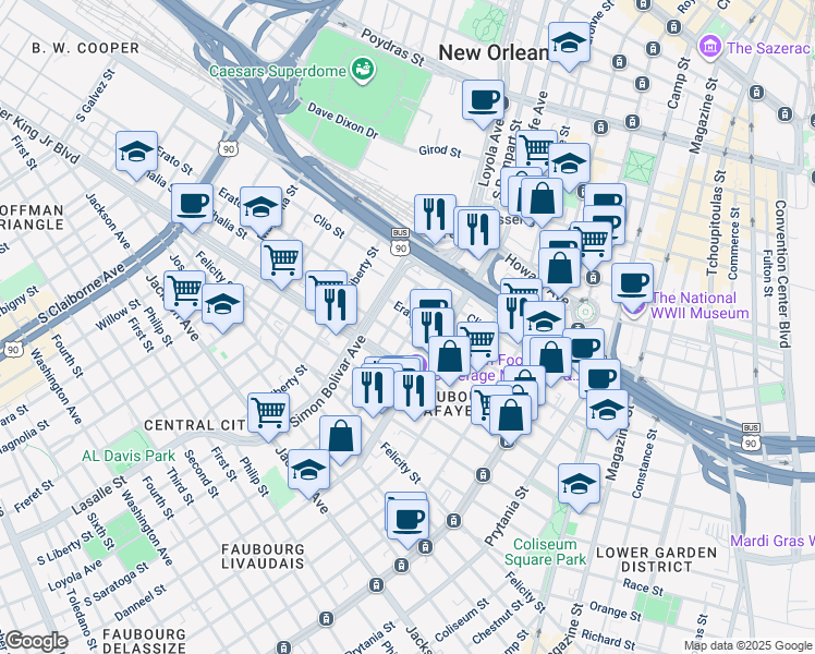 map of restaurants, bars, coffee shops, grocery stores, and more near 1309 South Rampart Street in New Orleans