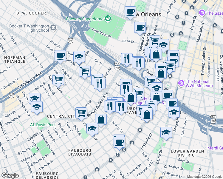 map of restaurants, bars, coffee shops, grocery stores, and more near 2122 Thalia Street in New Orleans