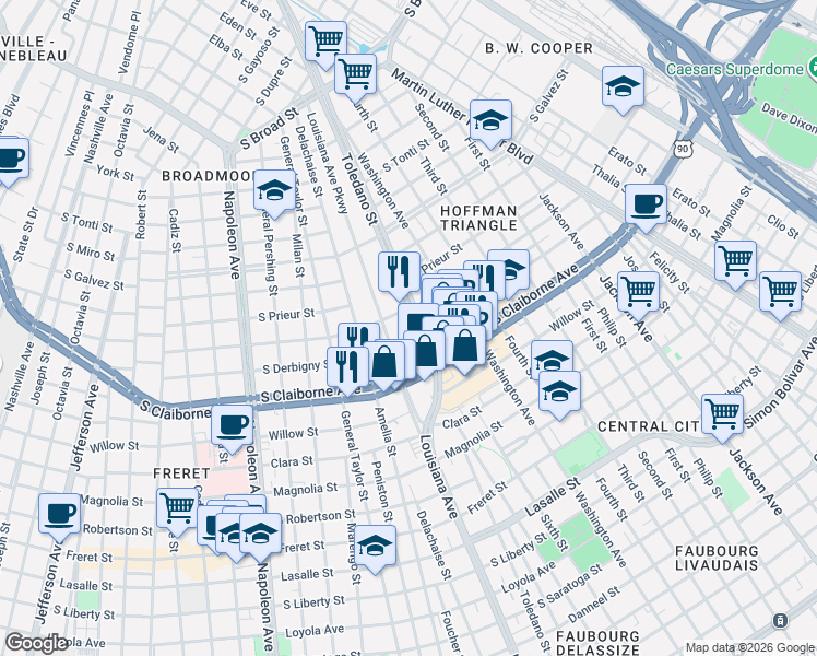 map of restaurants, bars, coffee shops, grocery stores, and more near 3022 Toledano Street in New Orleans