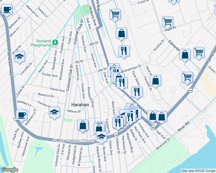 map of restaurants, bars, coffee shops, grocery stores, and more near 511 Grove Avenue in Harahan