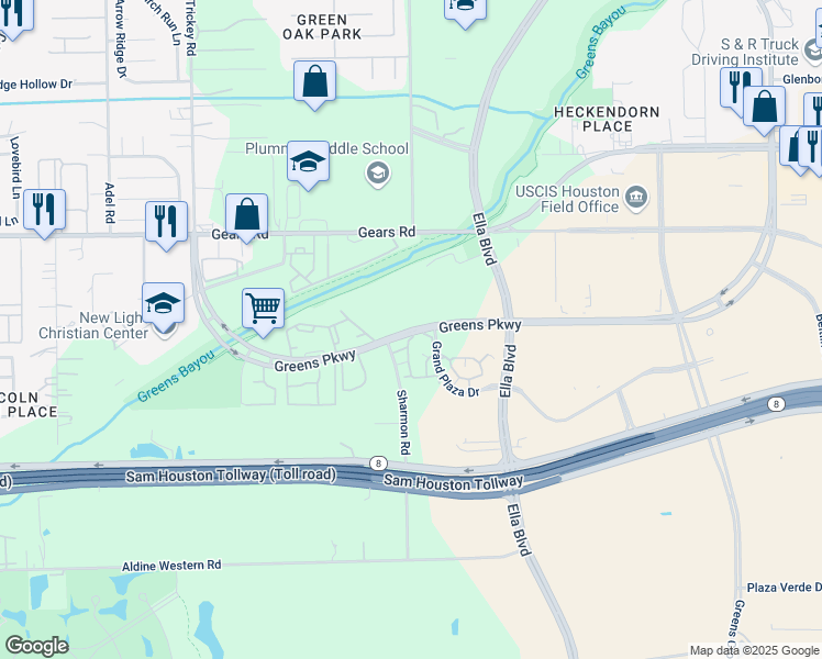 map of restaurants, bars, coffee shops, grocery stores, and more near 1256 Greens Parkway in Houston