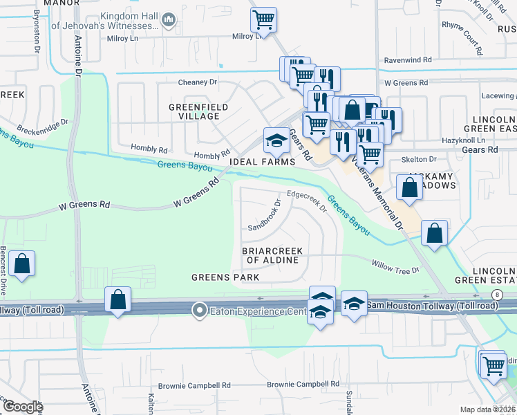 map of restaurants, bars, coffee shops, grocery stores, and more near 3411 Pinechester Drive in Houston