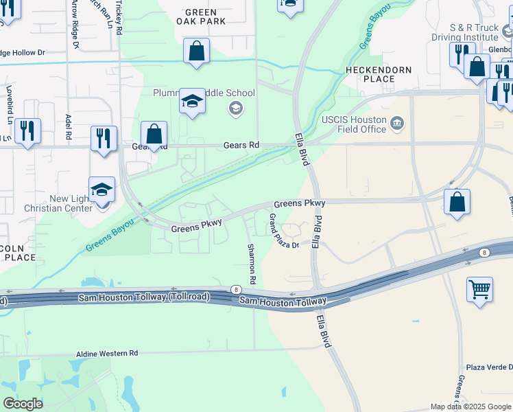 map of restaurants, bars, coffee shops, grocery stores, and more near 1050 Greens Parkway in Houston