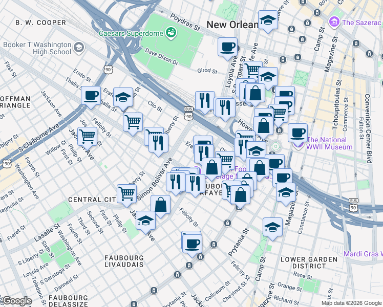 map of restaurants, bars, coffee shops, grocery stores, and more near 1309 South Rampart Street in New Orleans