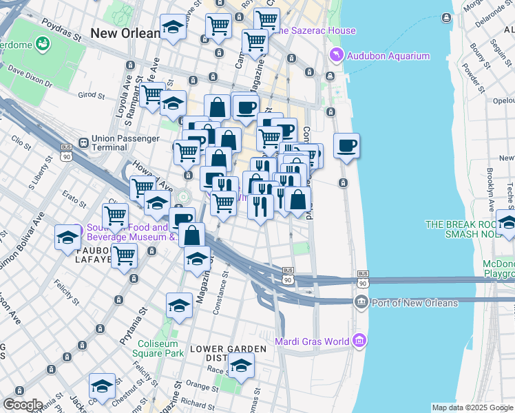 map of restaurants, bars, coffee shops, grocery stores, and more near 923 Tchoupitoulas Street in New Orleans
