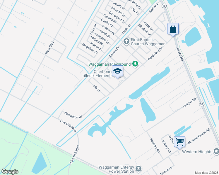 map of restaurants, bars, coffee shops, grocery stores, and more near 120 Morning Glory Lane in Westwego