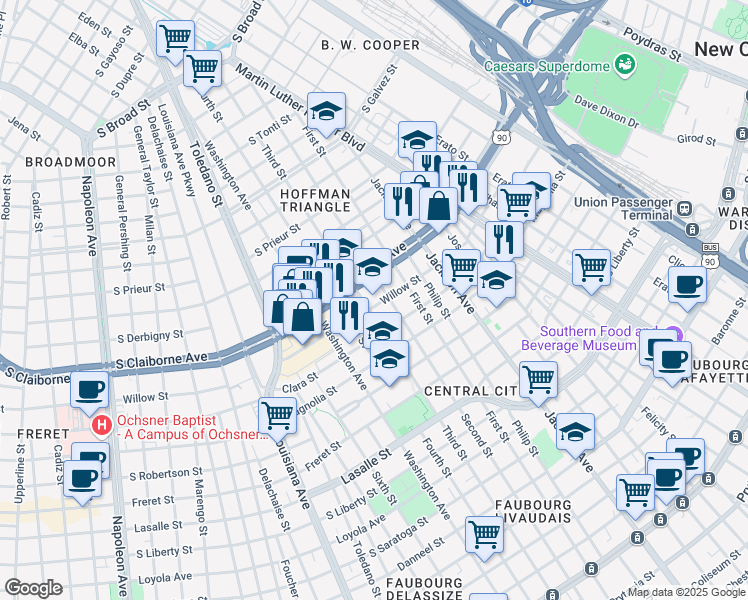 map of restaurants, bars, coffee shops, grocery stores, and more near 2503 Willow Street in New Orleans