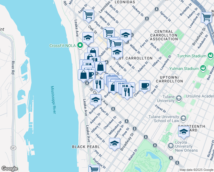 map of restaurants, bars, coffee shops, grocery stores, and more near 729 Fern Street in New Orleans