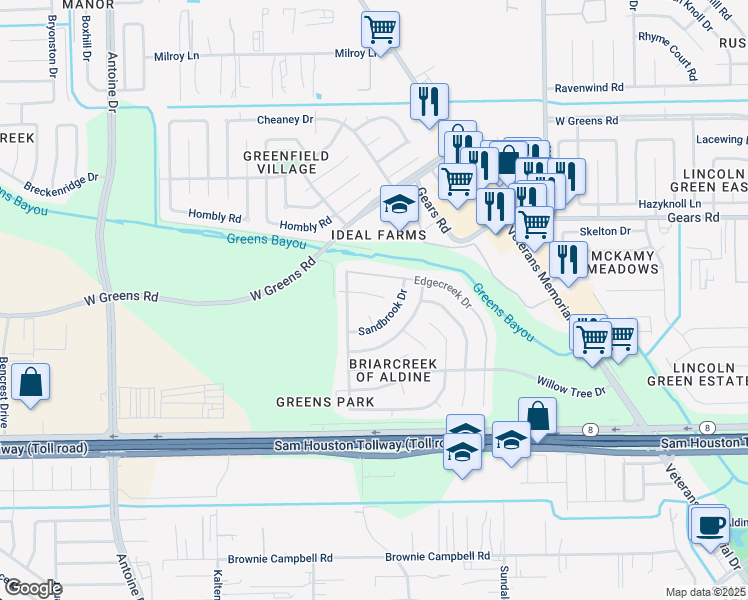 map of restaurants, bars, coffee shops, grocery stores, and more near 3411 Pinechester Drive in Houston