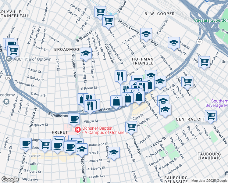 map of restaurants, bars, coffee shops, grocery stores, and more near 3140 Louisiana Avenue Parkway in New Orleans