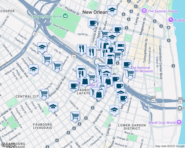 map of restaurants, bars, coffee shops, grocery stores, and more near 1819 Clio Street in New Orleans
