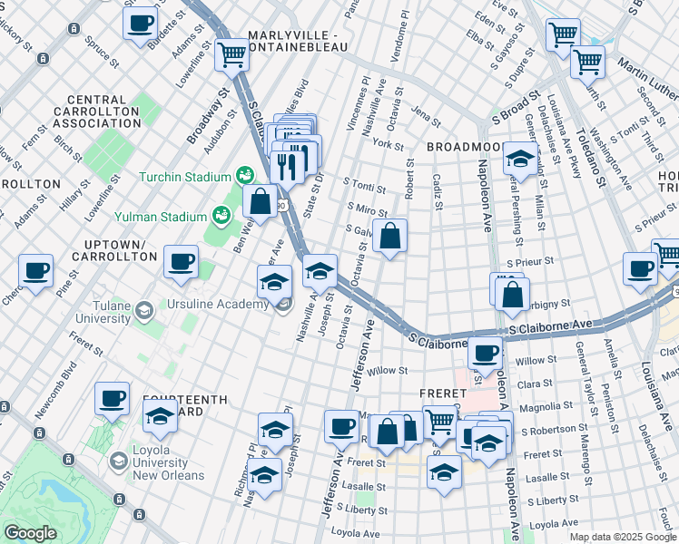 map of restaurants, bars, coffee shops, grocery stores, and more near 5535 South Claiborne Avenue in New Orleans