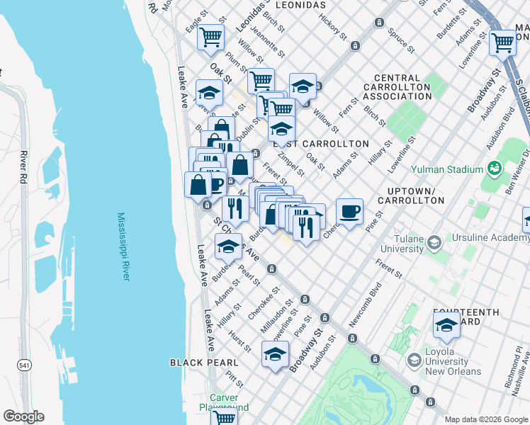 map of restaurants, bars, coffee shops, grocery stores, and more near 7817 Maple Street in New Orleans