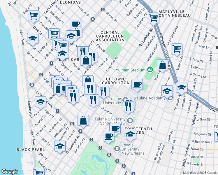 map of restaurants, bars, coffee shops, grocery stores, and more near 1225 Pine Street in New Orleans
