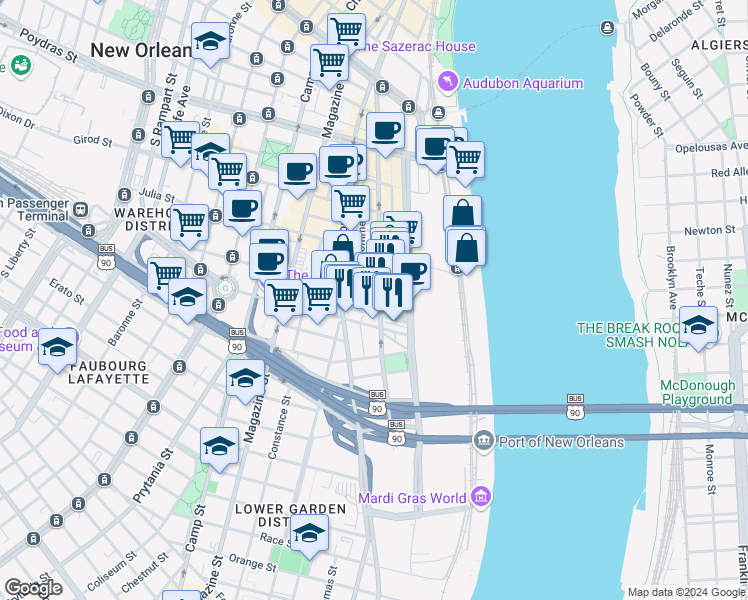 map of restaurants, bars, coffee shops, grocery stores, and more near 901 South Peters Street in New Orleans