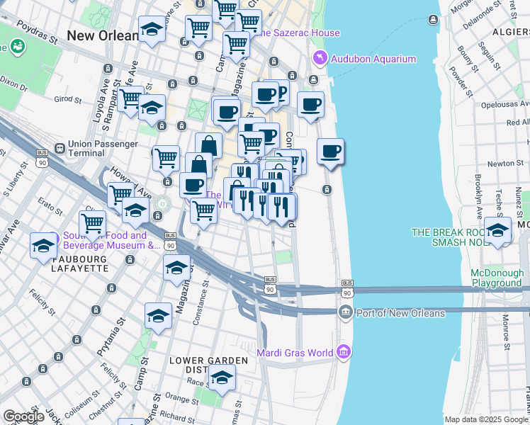 map of restaurants, bars, coffee shops, grocery stores, and more near 901 South Peters Street in New Orleans