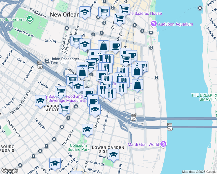 map of restaurants, bars, coffee shops, grocery stores, and more near 923 Constance Street in New Orleans