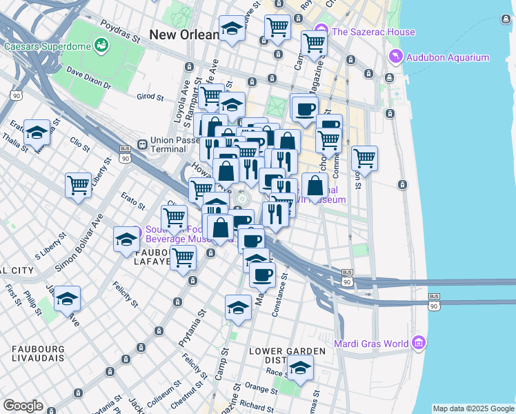 map of restaurants, bars, coffee shops, grocery stores, and more near 1000 Saint Charles Avenue in New Orleans